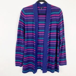 Talbots Striped Cardigan Sweater Navy Pink Teal Purple Women's M Lambswool Blend